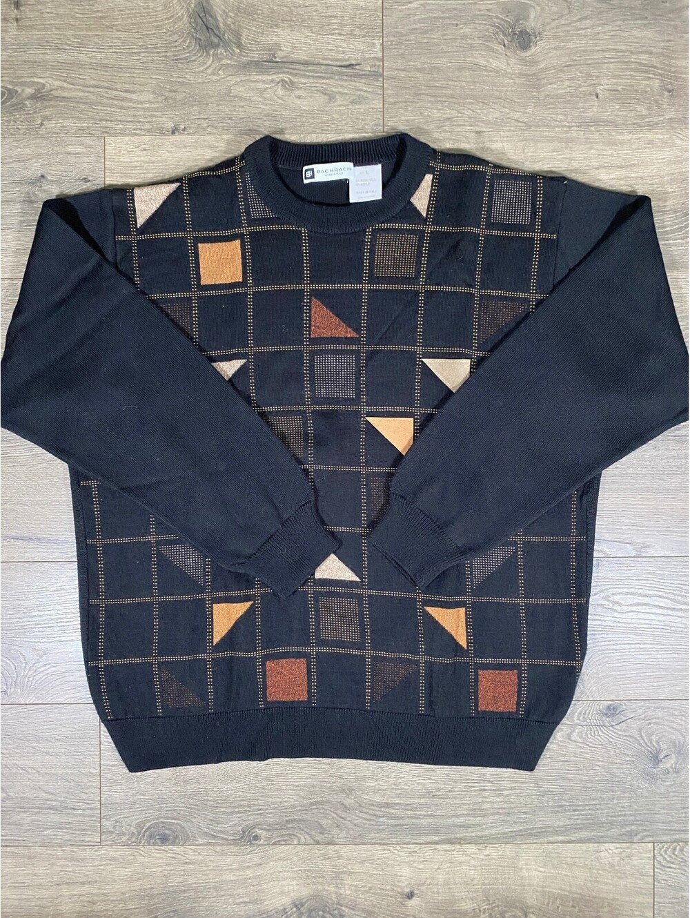 Vintage Bachrach Mens L Merino Wool Sweater Made Italy Geometric 90s Grandpa
